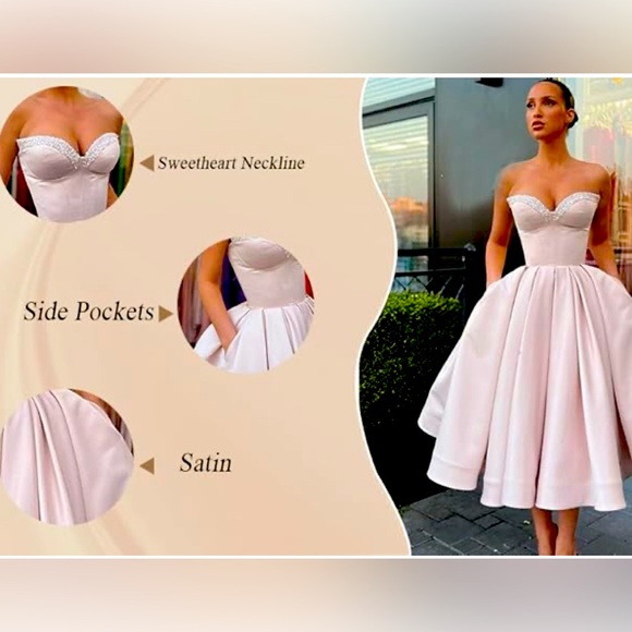 New Sweetheart Strapless Short Homecoming Dress Satin A-line Gown with Pockets - Picture 4 of 10